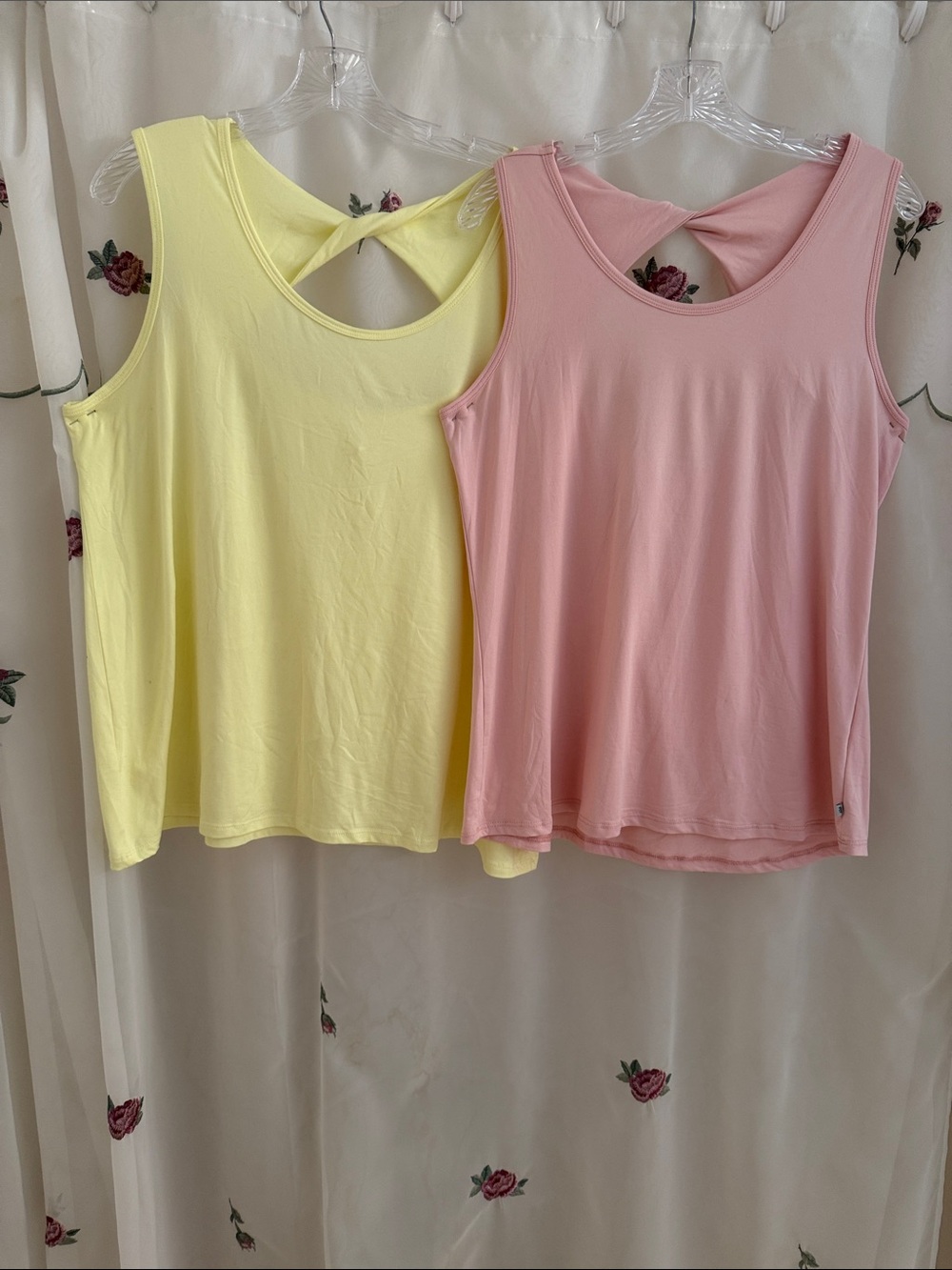 Marika Twist-Back Tank Tops in Pink and Yellow
